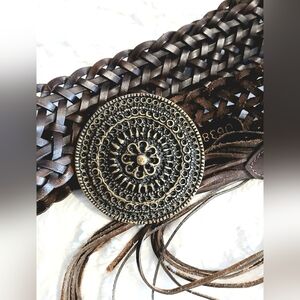 BOHO Women's Brass MEDALLION Buckle WOVEN LEATHER Designer Fringe BELT sz 22/24